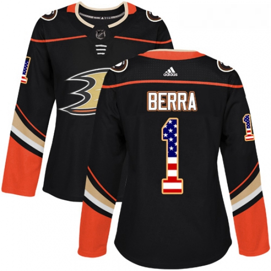 Womens Adidas Anaheim Ducks 1 Reto Berra Authentic Black USA Flag Fashion NHL Jersey