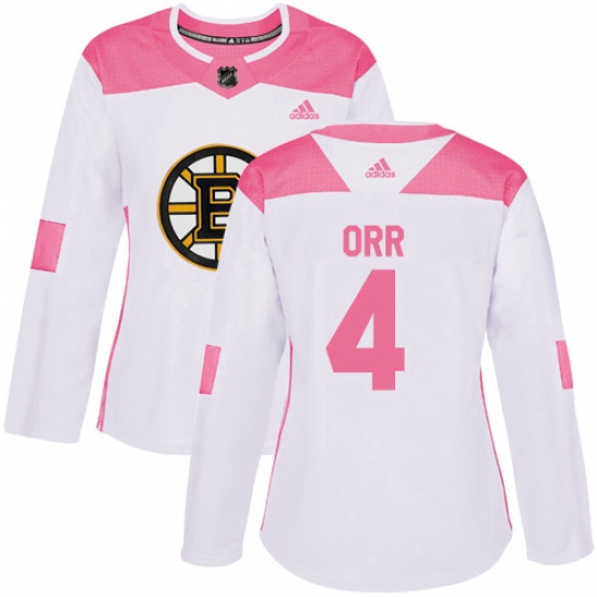 Womens Adidas Boston Bruins 4 Bobby Orr Authentic WhitePink Fashion NHL Jersey