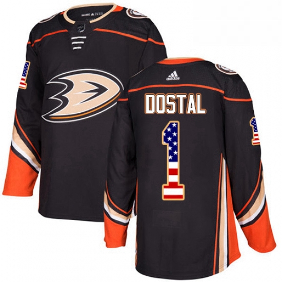 Mens Adidas Anaheim Ducks 1 Lukas Dostal Authentic Black USA Flag Fashion NHL Jersey