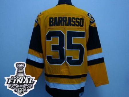 Mitchell 26Ness Penguins #35 Tom Barrasso Yellow 2017 Stanley Cup Final Patch Stitched NHL Jersey