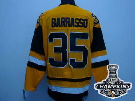 Mitchell 26Ness Penguins #35 Tom Barrasso Yellow 2017 Stanley Cup Finals Champions Stitched NHL Jers