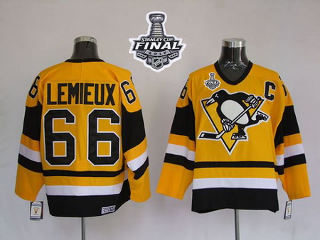 Mitchell 26Ness Penguins #66 Mario Lemieux Yellow 2017 Stanley Cup Final Patch Stitched NHL Jersey