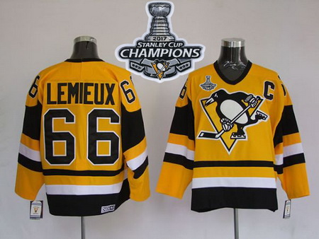 Mitchell 26Ness Penguins #66 Mario Lemieux Yellow 2017 Stanley Cup Finals Champions Stitched NHL Jer