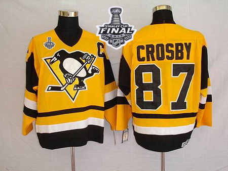 Mitchell 26Ness Penguins #87 Sidney Crosby Yellow 2017 Stanley Cup Final Patch Stitched NHL Jersey