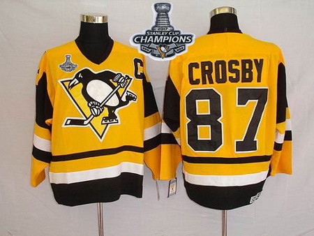 Mitchell 26Ness Penguins #87 Sidney Crosby Yellow 2017 Stanley Cup Finals Champions Stitched NHL Jer