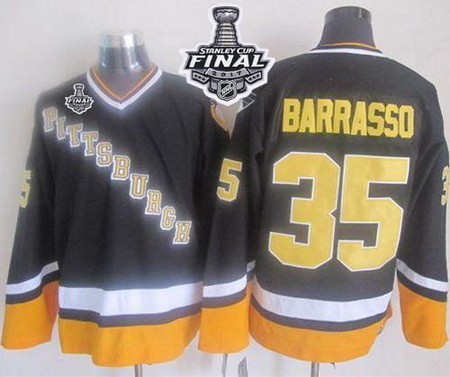 Penguins #35 Tom Barrasso Black Yellow CCM Throwback 2017 Stanley Cup Final Patch Stitched NHL Jerse