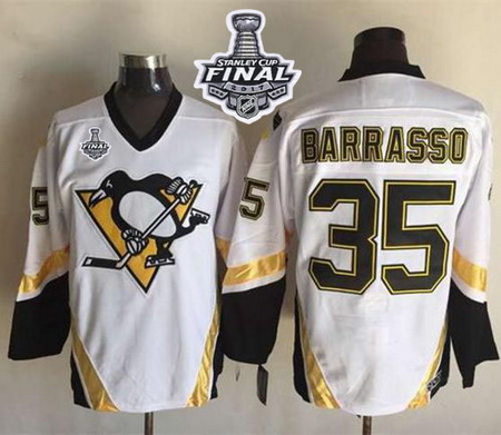 Penguins #35 Tom Barrasso White CCM Throwback 2017 Stanley Cup Final Patch Stitched NHL Jersey