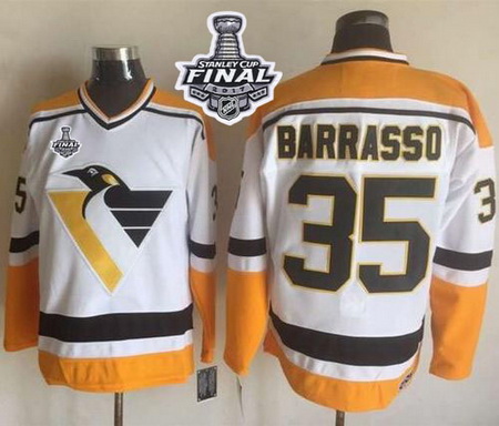 Penguins #35 Tom Barrasso White Yellow CCM Throwback 2017 Stanley Cup Final Patch Stitched NHL Jerse