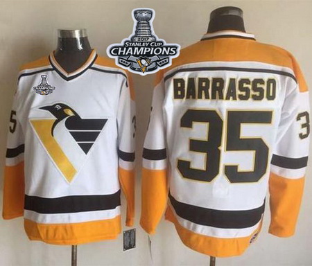 Penguins #35 Tom Barrasso White Yellow CCM Throwback 2017 Stanley Cup Finals Champions Stitched NHL 