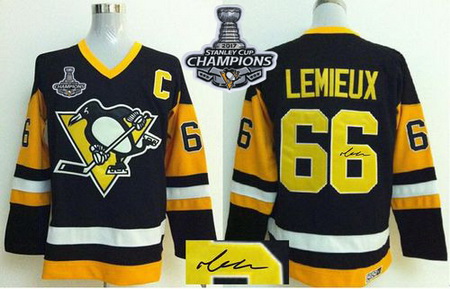 Penguins #66 Mario Lemieux Black CCM Throwback Autographed 2017 Stanley Cup Finals Champions Stitche