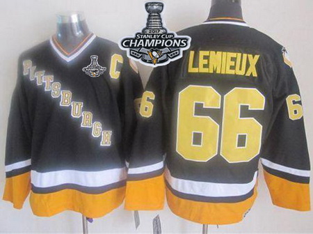 Penguins #66 Mario Lemieux Black Yellow CCM Throwback 2017 Stanley Cup Finals Champions Stitched NHL