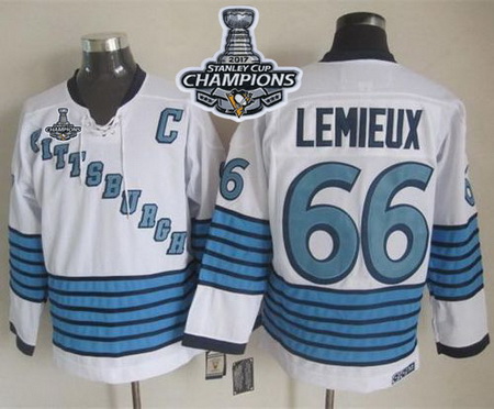 Penguins #66 Mario Lemieux White Light Blue CCM Throwback 2017 Stanley Cup Finals Champions Stitched