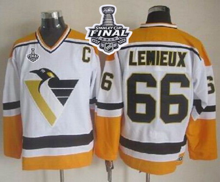 Penguins #66 Mario Lemieux White Yellow CCM Throwback 2017 Stanley Cup Final Patch Stitched NHL Jers