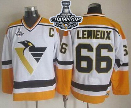 Penguins #66 Mario Lemieux White Yellow CCM Throwback 2017 Stanley Cup Finals Champions Stitched NHL