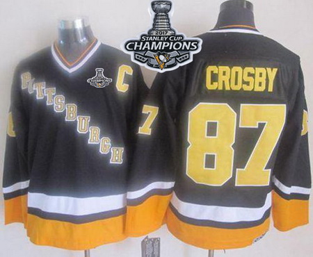 Penguins #87 Sidney Crosby Black Yellow CCM Throwback 2017 Stanley Cup Finals Champions Stitched NHL