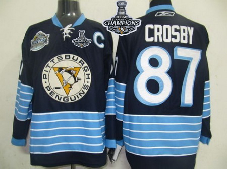 Penguins #87 Sidney Crosby Dark Blue 2011 Winter Classic Vintage 2017 Stanley Cup Finals Champions S