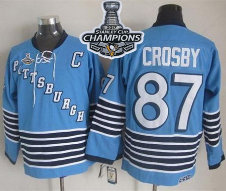 Penguins #87 Sidney Crosby Light Blue CCM Throwback 2017 Stanley Cup Finals Champions Stitched NHL J