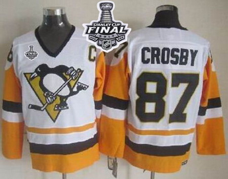 Penguins #87 Sidney Crosby White Black CCM Throwback 2017 Stanley Cup Final Patch Stitched NHL Jerse