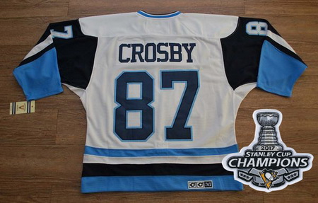 Penguins #87 Sidney Crosby White Blue CCM Throwback 2017 Stanley Cup Finals Champions Stitched NHL J