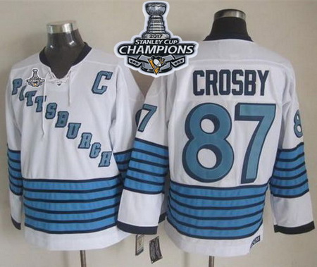 Penguins #87 Sidney Crosby White Light Blue CCM Throwback 2017 Stanley Cup Finals Champions Stitched