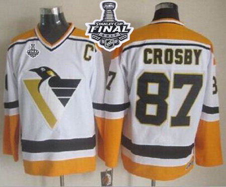 Penguins #87 Sidney Crosby White Yellow CCM Throwback 2017 Stanley Cup Final Patch Stitched NHL Jers