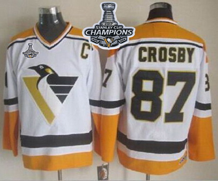 Penguins #87 Sidney Crosby White Yellow CCM Throwback 2017 Stanley Cup Finals Champions Stitched NHL