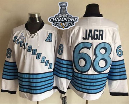 Penguins #68 Jaromir Jagr White Light Blue CCM Throwback 2017 Stanley Cup Finals Champions Stitched 