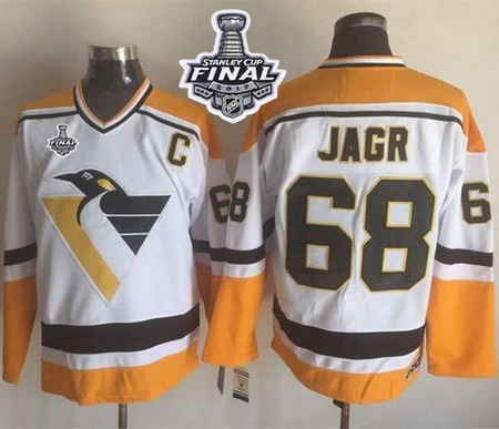 Penguins #68 Jaromir Jagr White Yellow CCM Throwback 2017 Stanley Cup Final Patch Stitched NHL Jerse