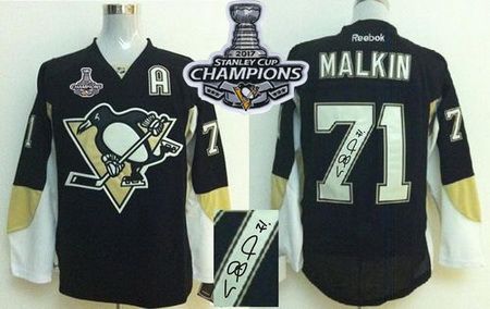 Penguins #71 Evgeni Malkin Black Autographed 2017 Stanley Cup Finals Champions Stitched NHL Jersey