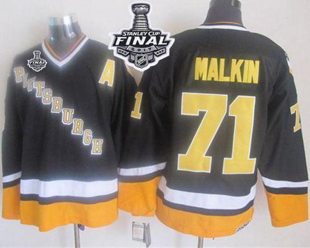 Penguins #71 Evgeni Malkin Black Yellow CCM Throwback 2017 Stanley Cup Final Patch Stitched NHL Jers