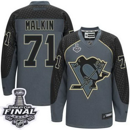 Penguins #71 Evgeni Malkin Charcoal Cross Check Fashion 2017 Stanley Cup Final Patch Stitched NHL Je