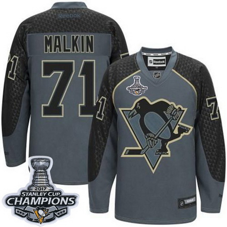 Penguins #71 Evgeni Malkin Charcoal Cross Check Fashion 2017 Stanley Cup Finals Champions Stitched N