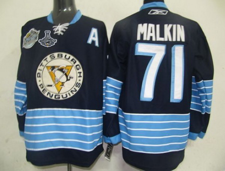 Penguins #71 Evgeni Malkin Dark BLue 2011 Winter Classic Vintage 2017 Stanley Cup Finals Champions S