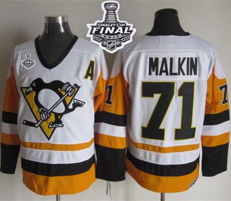 Penguins #71 Evgeni Malkin White Black CCM Throwback 2017 Stanley Cup Final Patch Stitched NHL Jerse