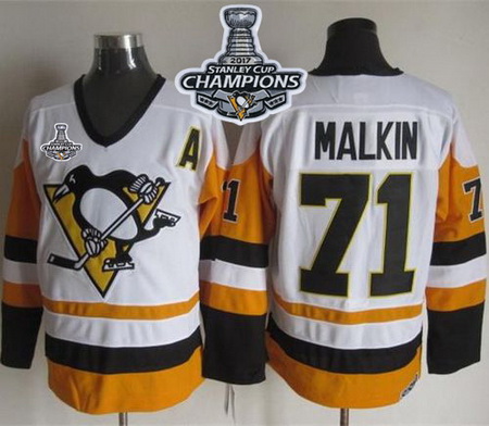 Penguins #71 Evgeni Malkin White Black CCM Throwback 2017 Stanley Cup Finals Champions Stitched NHL 