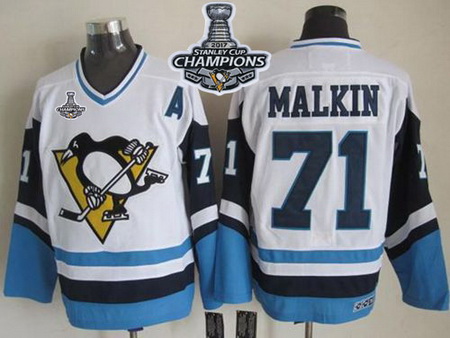 Penguins #71 Evgeni Malkin White Blue CCM Throwback 2017 Stanley Cup Finals Champions Stitched NHL J