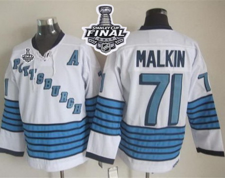 Penguins #71 Evgeni Malkin White Light Blue CCM Throwback 2017 Stanley Cup Final Patch Stitched NHL 