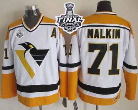 Penguins #71 Evgeni Malkin White Yellow CCM Throwback 2017 Stanley Cup Final Patch Stitched NHL Jers