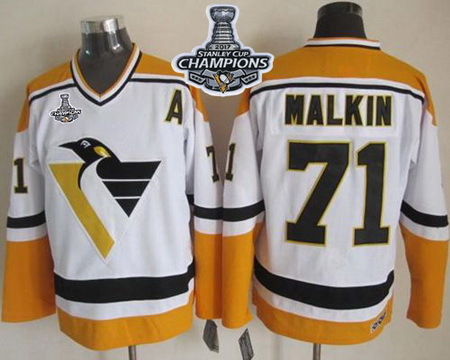 Penguins #71 Evgeni Malkin White Yellow CCM Throwback 2017 Stanley Cup Finals Champions Stitched NHL