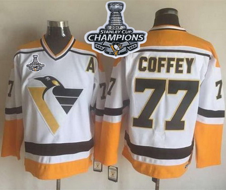 Penguins #77 Paul Coffey White Yellow CCM Throwback 2017 Stanley Cup Finals Champions Stitched NHL J