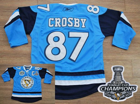 Penguins #87 Sidney Crosby Baby Blue 2011 Winter Classic Vintage 2017 Stanley Cup Finals Champions S