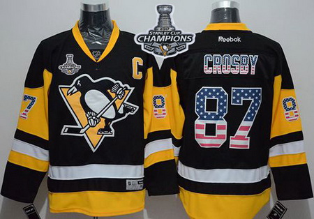 Penguins #87 Sidney Crosby Black Alternate USA Flag Fashion 2017 Stanley Cup Finals Champions Stitch