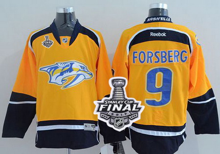 Predators #9 Filip Forsberg Yellow Home 2017 Stanley Cup Final Patch Stitched NHL Jersey