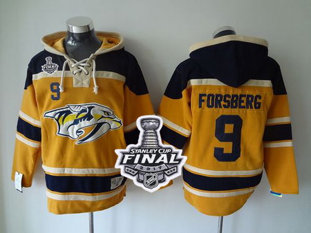 Predators #9 Filip Forsberg Yellow Sawyer Hooded Sweatshirt 2017 Stanley Cup Final Patch Stitched NH