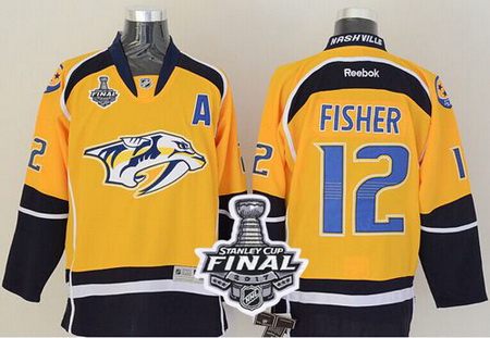 Predators #12 Mike Fisher Yellow Home 2017 Stanley Cup Final Patch Stitched NHL Jersey