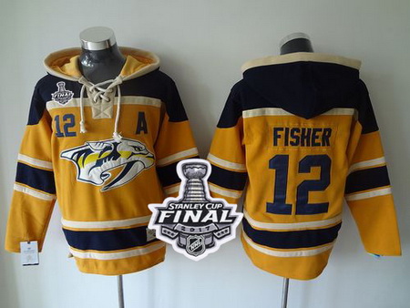 Predators #12 Mike Fisher Yellow Sawyer Hooded Sweatshirt 2017 Stanley Cup Final Patch Stitched NHL 