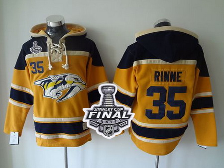 Predators #35 Pekka Rinne Yellow Sawyer Hooded Sweatshirt 2017 Stanley Cup Final Patch Stitched NHL 