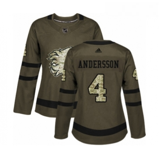 Womens Adidas Calgary Flames 4 Rasmus Andersson Authentic Green Salute to Service NHL Jersey