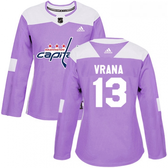 Womens Adidas Washington Capitals 13 Jakub Vrana Authentic Purple Fights Cancer Practice NHL Jersey