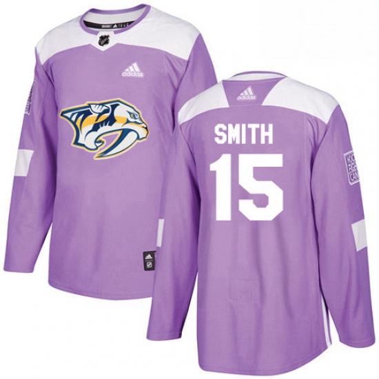 Mens Adidas Nashville Predators 15 Craig Smith Authentic Purple Fights Cancer PracticeNHL Jersey